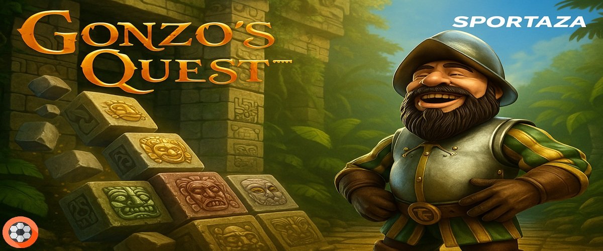 Gonzo's Quest su Sportaza: il conquistador Gonzo davanti a simboli a cascata in una giungla azteca, logo Sportaza in alto a destra