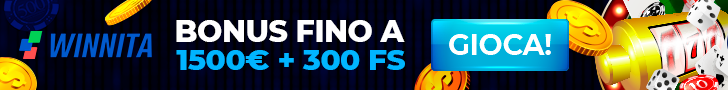 Banner promozionale Winnita Casinò: bonus 1500€ + 300 FS, simboli slot machine, monete, dadi e pulsante "Gioca" in evidenza.