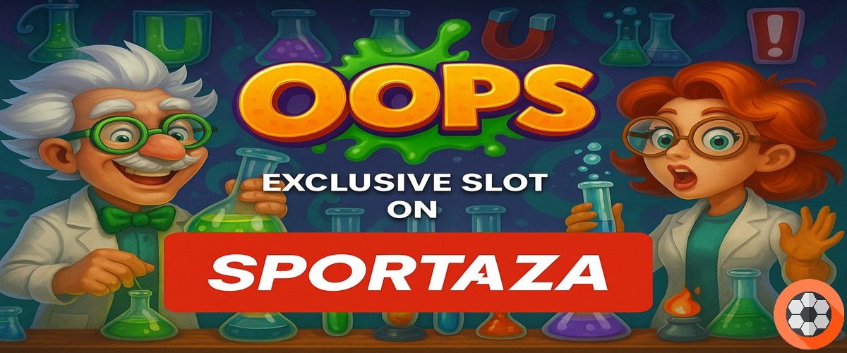 Grafica promozionale per la slot Oops in esclusiva su Sportaza, con scienziati cartoon e strumenti di laboratorio.