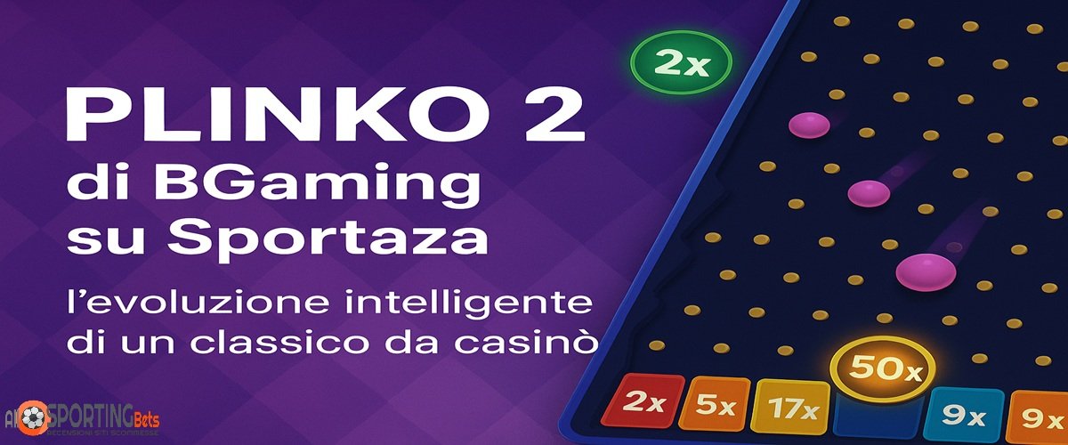 Visual promozionale del gioco Plinko 2 di BGaming su Sportaza, con griglia di pioli, palline rosa in caduta e moltiplicatori evidenziati.