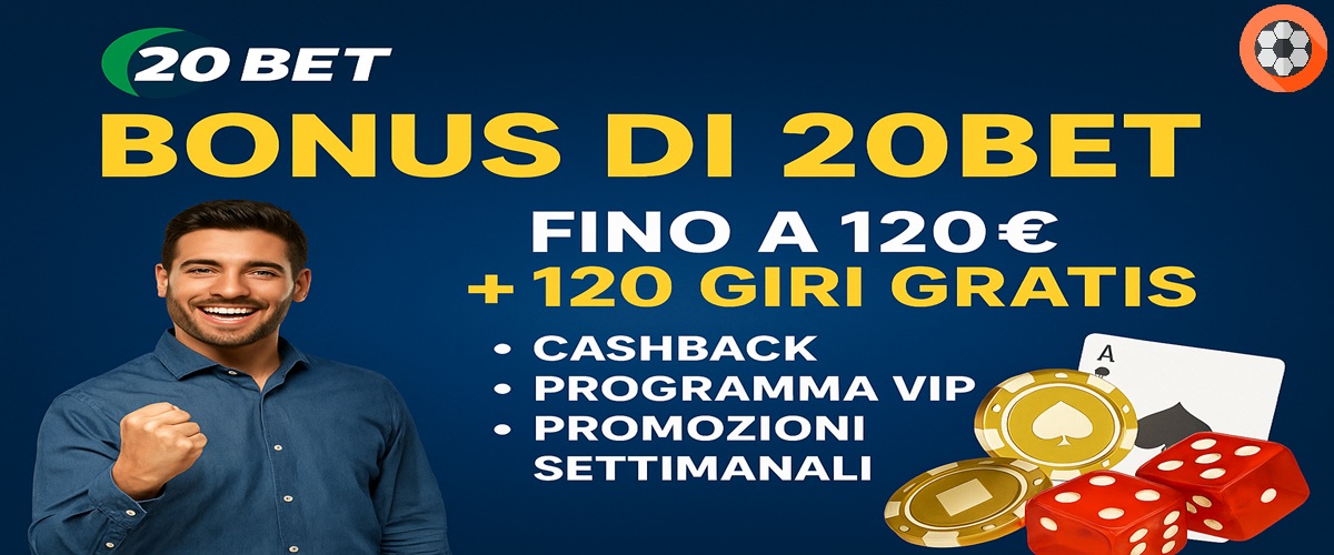 Grafica promozionale di 20Bet con bonus fino a 120 euro e 120 giri gratis
