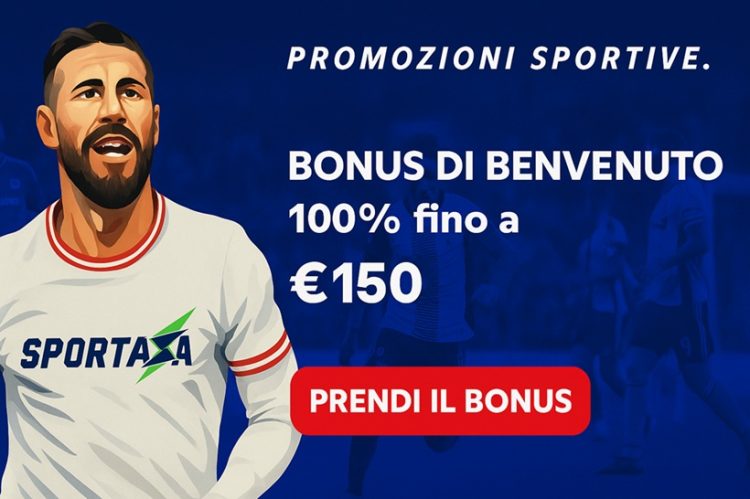 Bonus di benvenuto Sportaza 100% fino a 150 euro, promozione scommesse sportive con pulsante Prendi il Bonus
