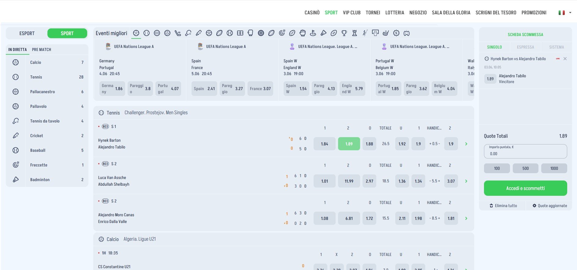 Schermata della piattaforma di scommesse online Winnita con eventi sportivi live e pre-match, quote aggiornate per calcio, tennis e altri sport, scheda scommessa attiva.