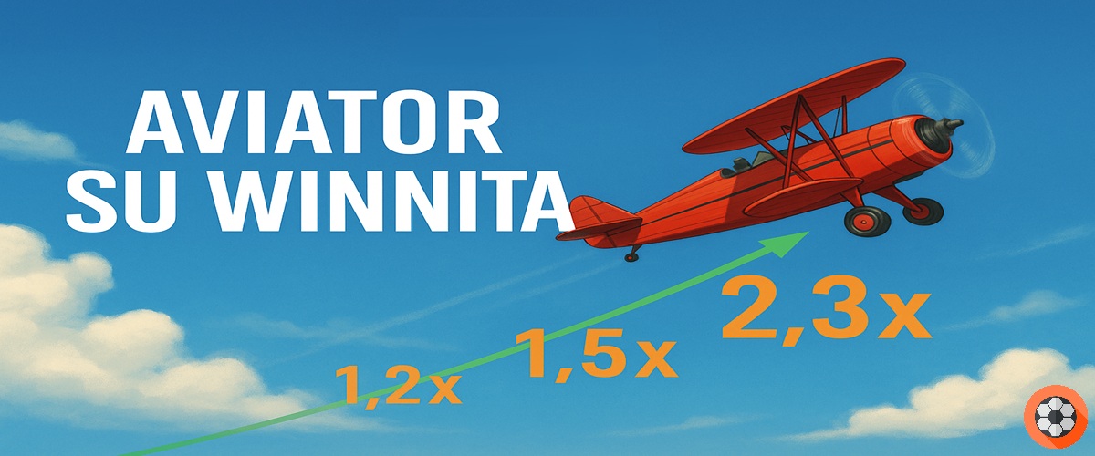 Immagine realistica di un biplano rosso che sale nel cielo con moltiplicatori in evidenza e scritta "Aviator su Winnita"