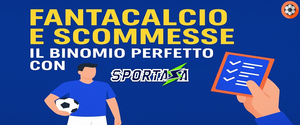 Fantacalcio e scommesse con Sportaza – grafica blu con calciatore e schedina