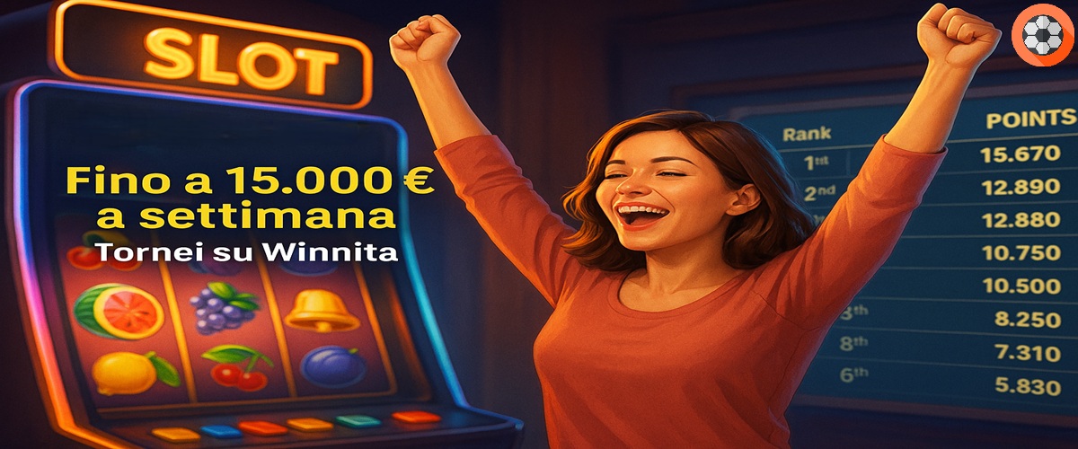 Giocatrice festante davanti a una slot machine e alla classifica del torneo su Winnita, con scritta “Fino a 15.000 € a settimana – Tornei su Winnita”