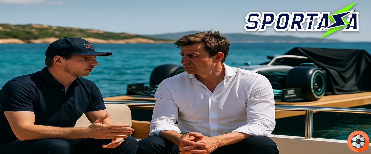Max Verstappen e Toto Wolff parlano su uno yacht in Sardegna con monoposto Mercedes F1 coperta e logo Sportaza
