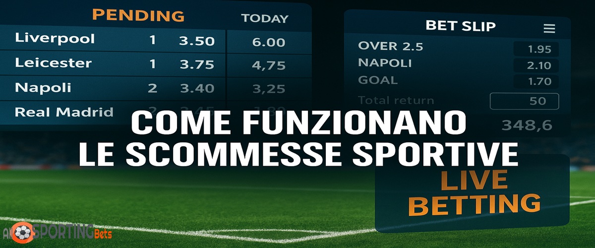 Infografica su come funzionano le scommesse sportive, con tabellone quote, schedina e scritta centrale “Come funzionano le scommesse sportive”