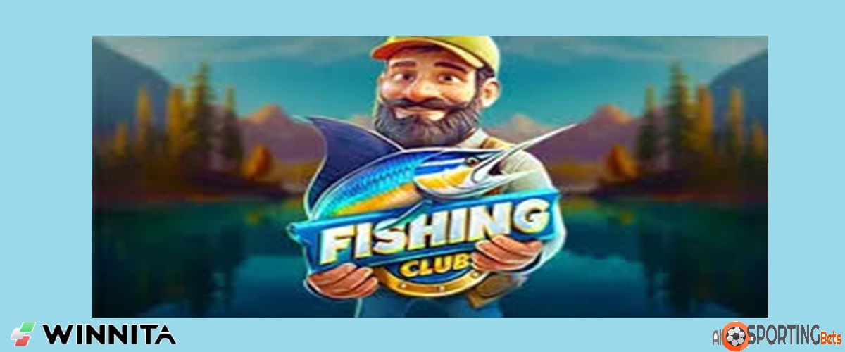 pescatore cartoon con logo Fishing Club davanti a lago montano