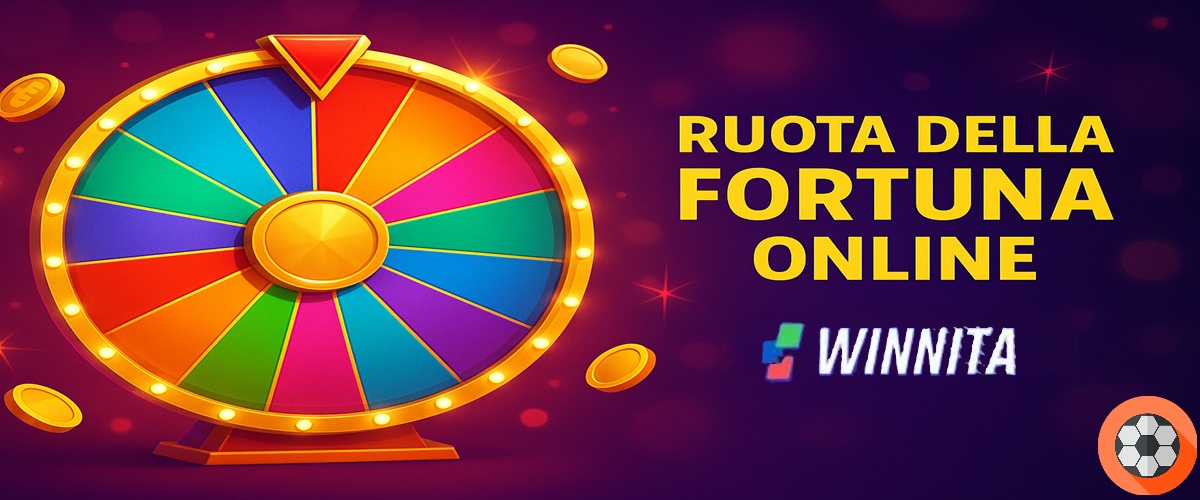 Grande ruota della fortuna colorata con luci e monete dorate su sfondo viola, logo Winnita