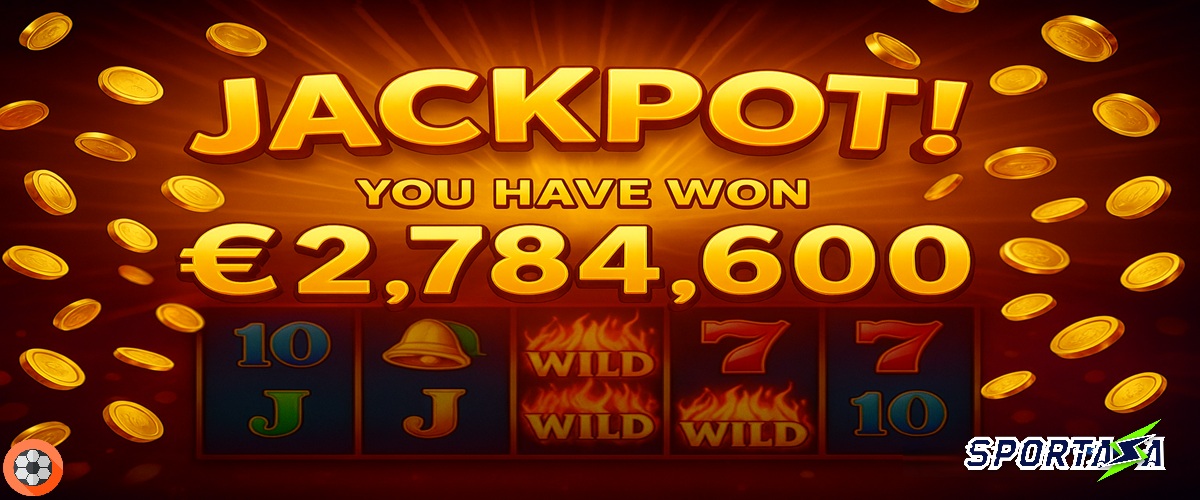 Screenshot realistico di una vincita da €2.784.600 su una Slot Progressive Jackpot di Sportaza nel 2025
