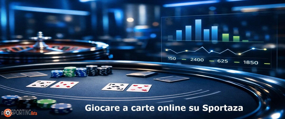 Giocare a carte online su Sportaza con blackjack e roulette in un casinò moderno con luci blu