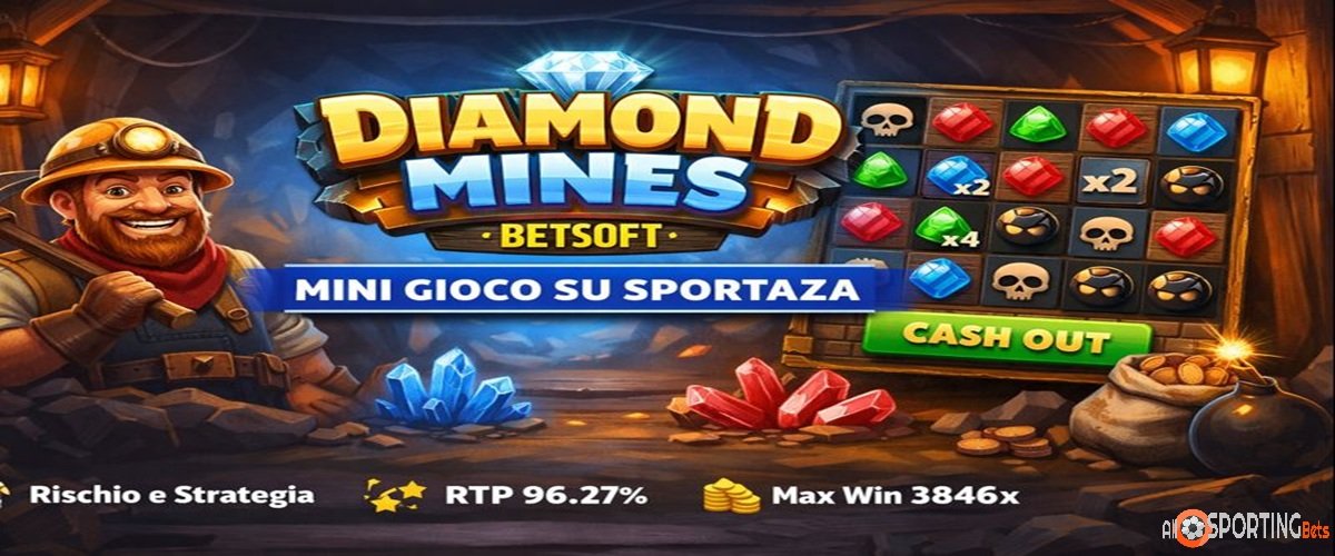 Diamond Mines Betsoft su Sportaza con griglia mines e cashout strategico