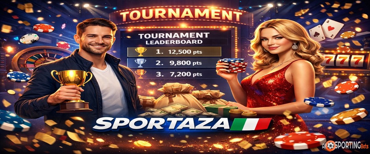 Sportaza Italia con sfondo di tornei online, classifica leaderboard e atmosfera da casinò digitale