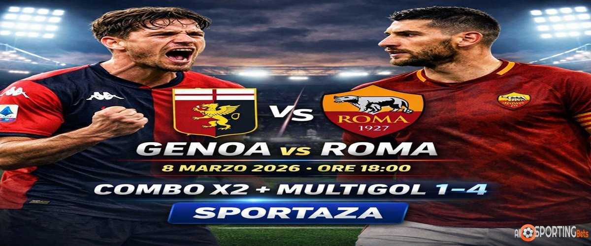 Grafica match Genoa-Roma dell’8 marzo 2026 con pronostico Combo X2 + Multigol 1-4 e riferimento a Sportaza