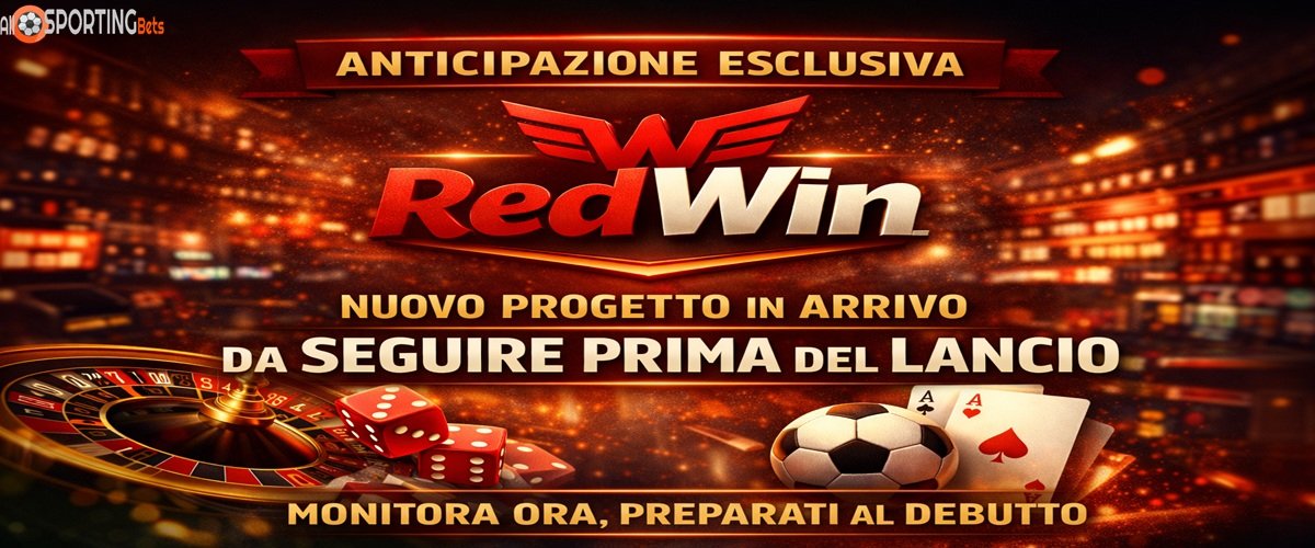 Banner orizzontale RedWin con scritta anticipazione esclusiva e sfondo casino e scommesse