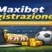 Illustrazione orizzontale dedicata alla registrazione Maxibet con laptop, smartphone, campo di registrazione e ambientazione sportiva