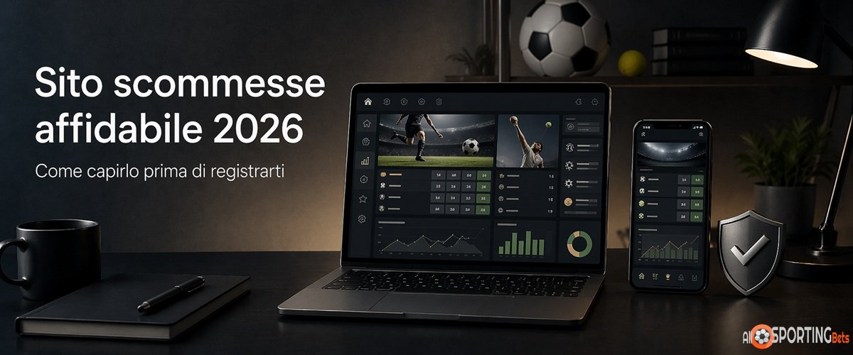 Sito scommesse affidabile 2026 con laptop, smartphone e simbolo di sicurezza per valutare piattaforme betting online