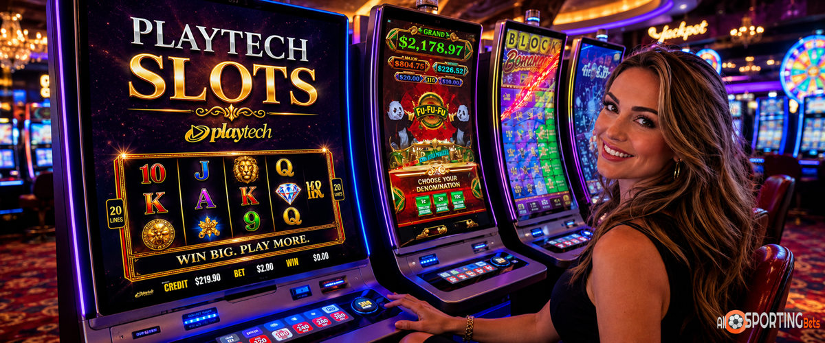 Migliori slot Playtech da provare su Sportaza con donna sorridente e slot machine in casinò
