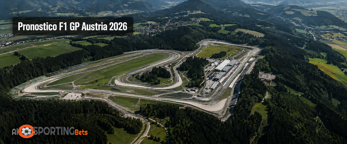 Pronostico F1 GP Austria 2026 con circuito del Red Bull Ring visto dall’alto e logo Allsportingbets