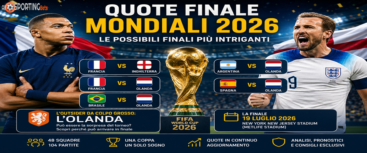 Grafica sulle quote finale Mondiali 2026 con Francia, Inghilterra, Brasile, Argentina, Spagna e Olanda tra le possibili finaliste.
