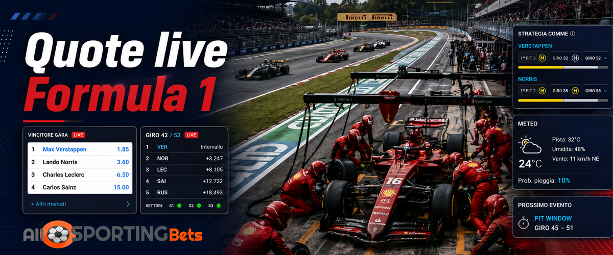 Quote live Formula 1 con pit stop, dati gara, meteo e mercati live durante un Gran Premio