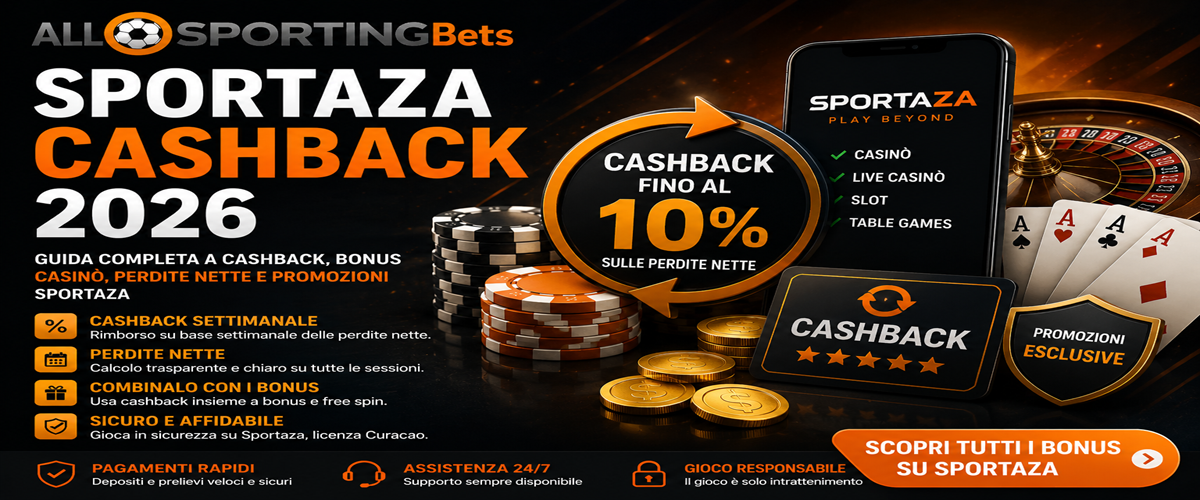 Sportaza cashback 2026 con logo Allsportingbets, bonus casino, perdite nette, promozioni e cashback Sportaza