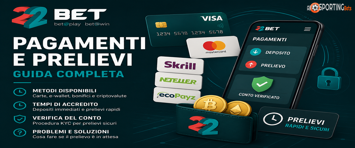 22Bet pagamenti e prelievi con carte, wallet, criptovalute e verifica del conto