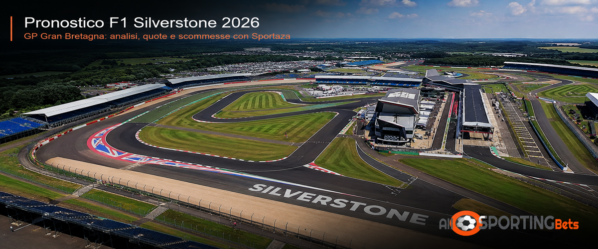 Vista aerea del circuito di Silverstone con titolo Pronostico F1 Silverstone 2026 e logo Allsportingbets