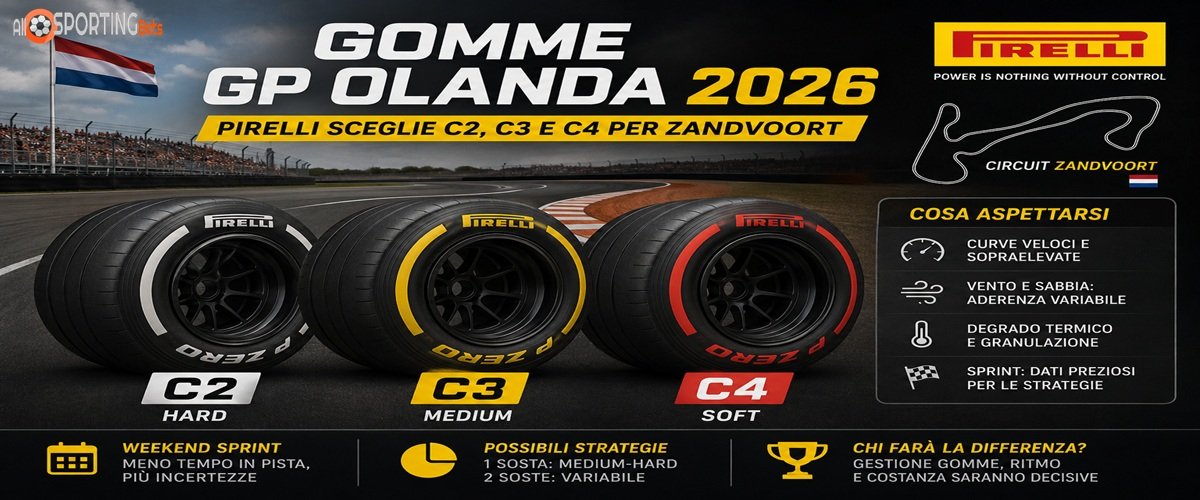 Gomme GP Olanda 2026 Pirelli C2 Hard, C3 Medium e C4 Soft sul circuito di Zandvoort