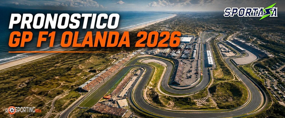 Pronostico GP F1 Olanda 2026 con veduta aerea del circuito di Zandvoort e logo Sportaza