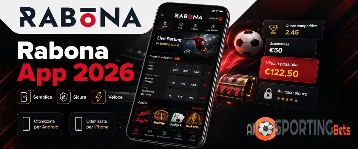 Rabona App 2026 per Android e iPhone con piattaforma mobile e logo Allsportingbets