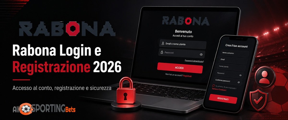 Rabona login e registrazione 2026 da computer e smartphone con logo Allsportingbets